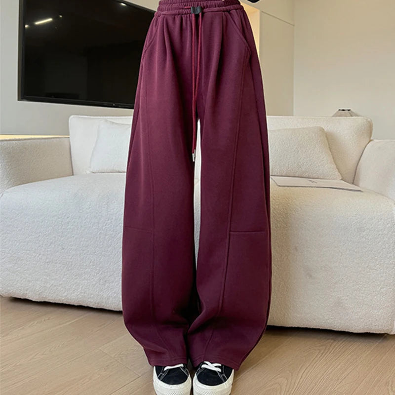 Cordon jambe large pantalons de sport femmes automne hiver doux solide poches pantalons de survêtement femme élastique taille haute pantalon femme