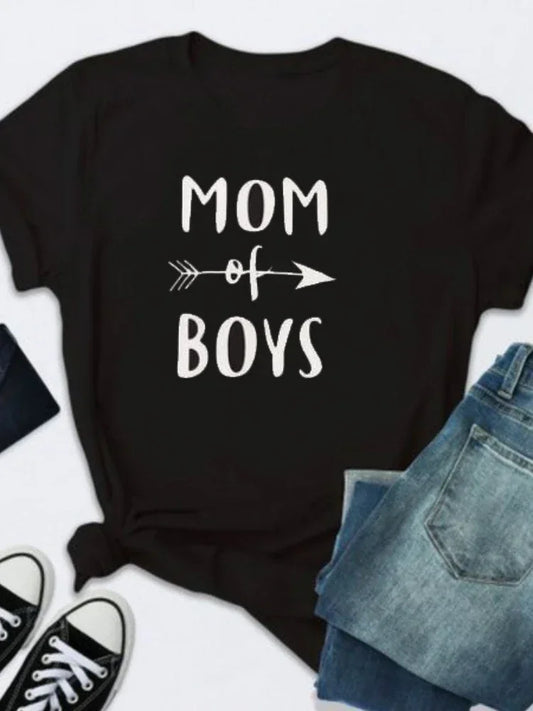 T-shirt manches courtes col rond femme, estival et avec lettres imprimées MOM OF BOYS