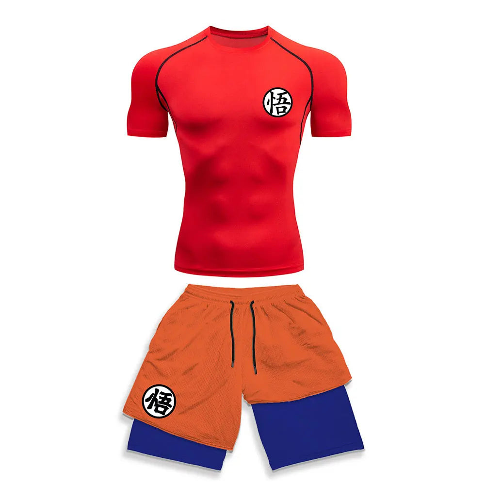 Chemise de Compression + short de gymnastique 2 pièces entraînement été Anime imprimé ensemble de Compression de gymnastique course Sport Fitness costume pour hommes vêtements de Sport