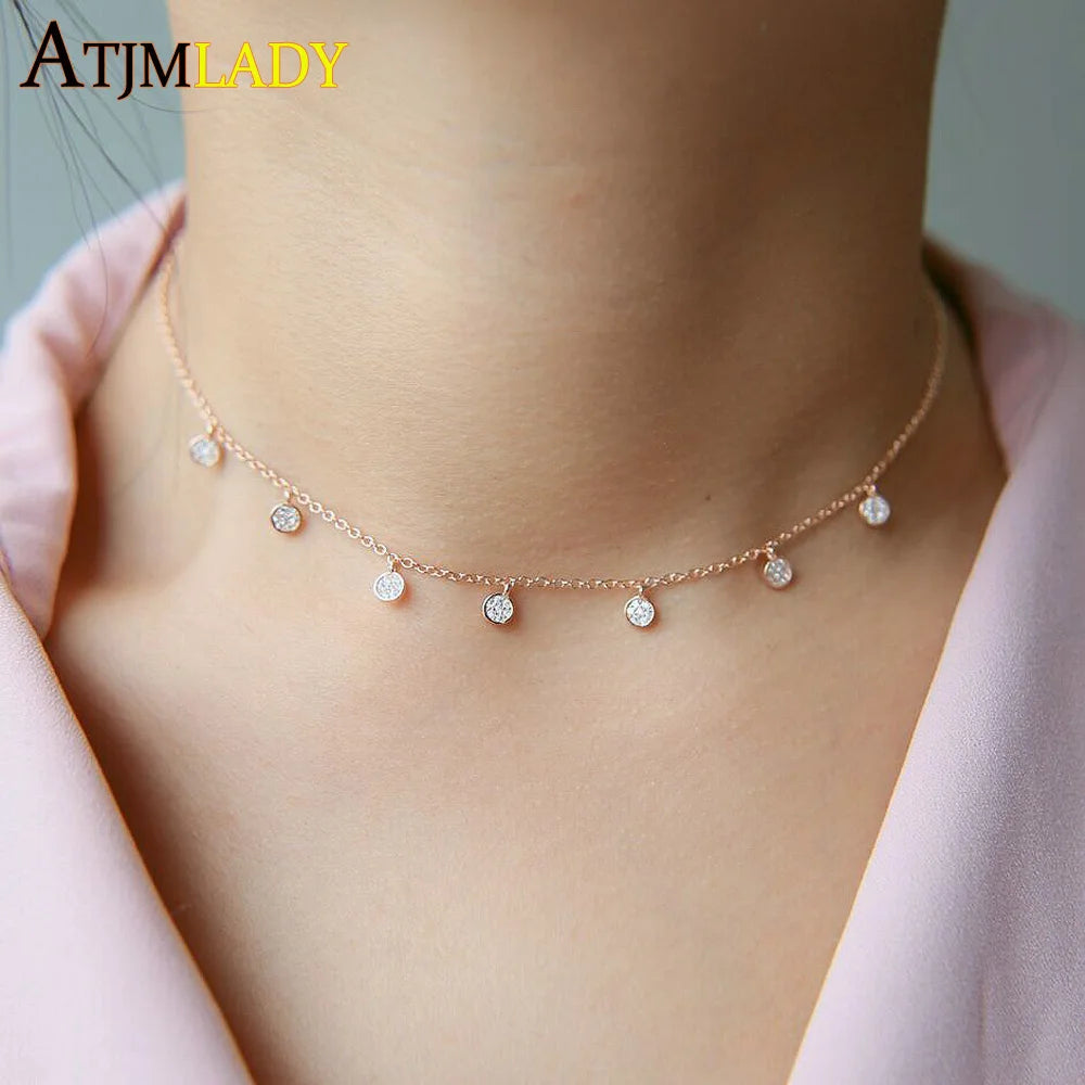 Collier ras du cou en argent Sterling 925 pour femmes, Station CZ transparente, multi-charmes, à la mode, délicat, points Disco, goutte d'eau, pendentif