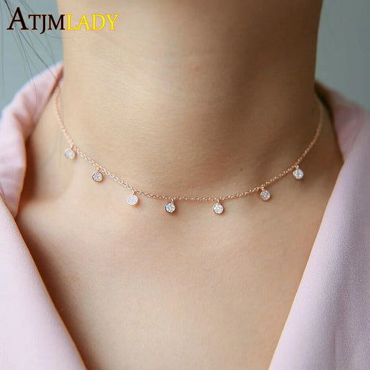 Collier ras du cou en argent Sterling 925 pour femmes, Station CZ transparente, multi-charmes, à la mode, délicat, points Disco, goutte d'eau, pendentif