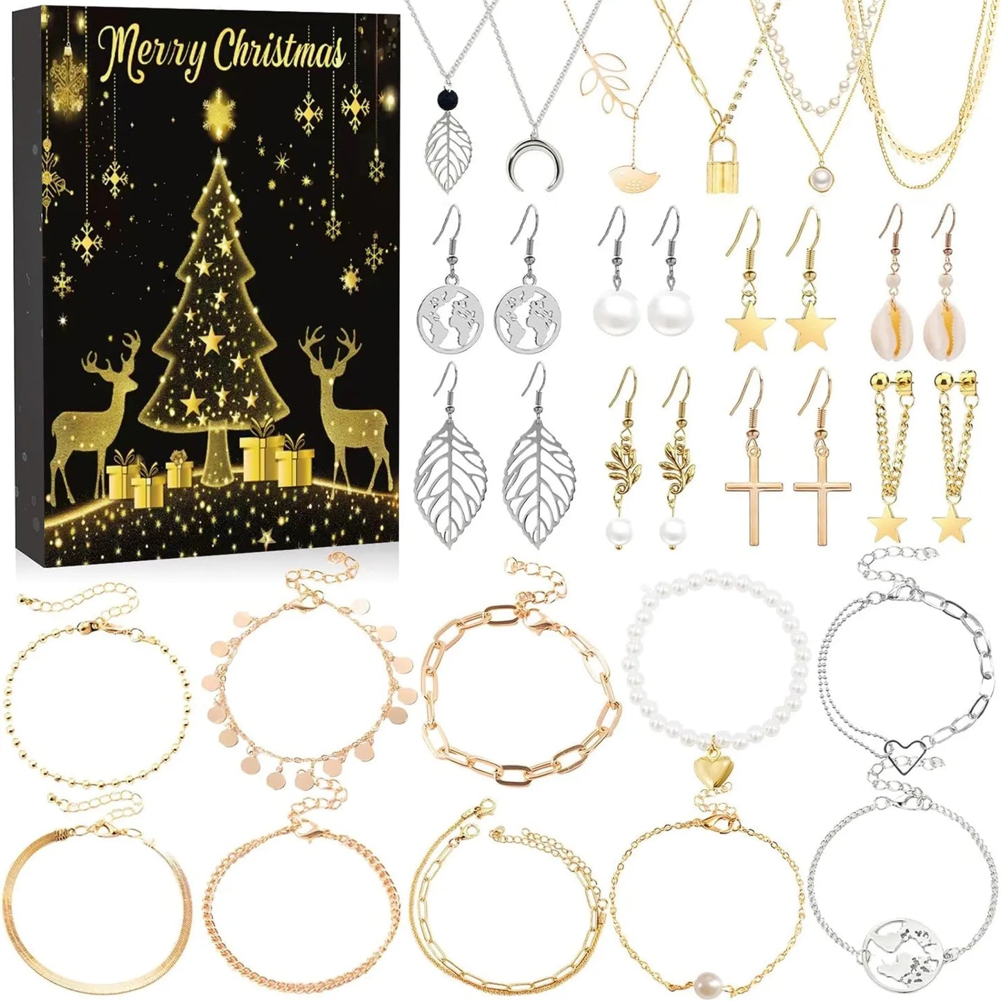 Calendrier de compte à rebours de noël 24 jours, calendrier de l'avent, collier, Bracelet, boucles d'oreilles, cadeaux de noël