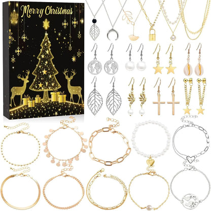Calendrier de compte à rebours de noël 24 jours, calendrier de l'avent, collier, Bracelet, boucles d'oreilles, cadeaux de noël