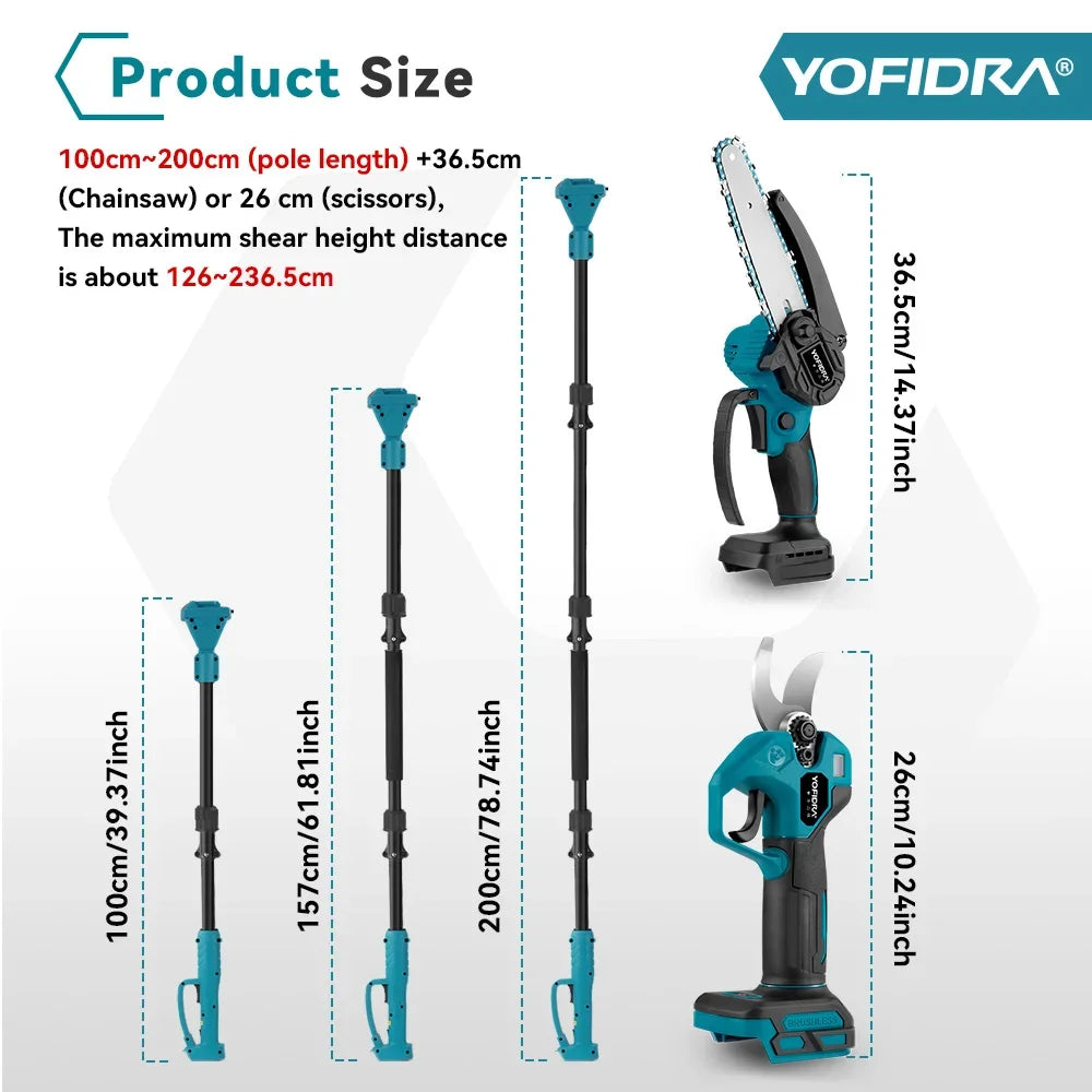 YOFIDRA – tronçonneuse électrique à poteau télescopique sans balais 3 en 1, outil de ciseaux de cisaillement de sécateur hautement évolutif pour broche de batterie Makita 18V
