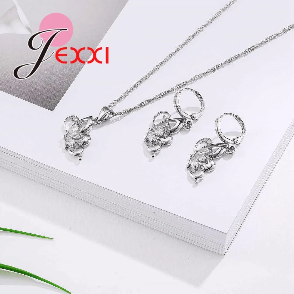 Ensemble de bijoux en argent Sterling 925 pour femmes, collier, pendentif, boucles d'oreilles papillon en zircone cubique élégante