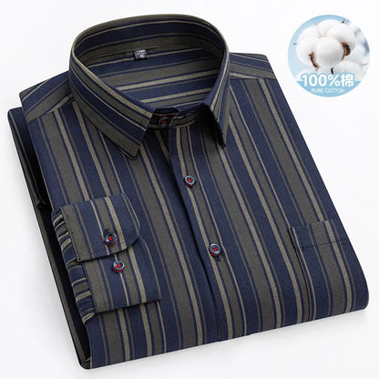 Chemise Oxford rayée à carreaux pour hommes, chemise sociale à manches longues, chemises de travail décontractées, poche, pur coton, qualité, S- 7XL, 8XL, 100%