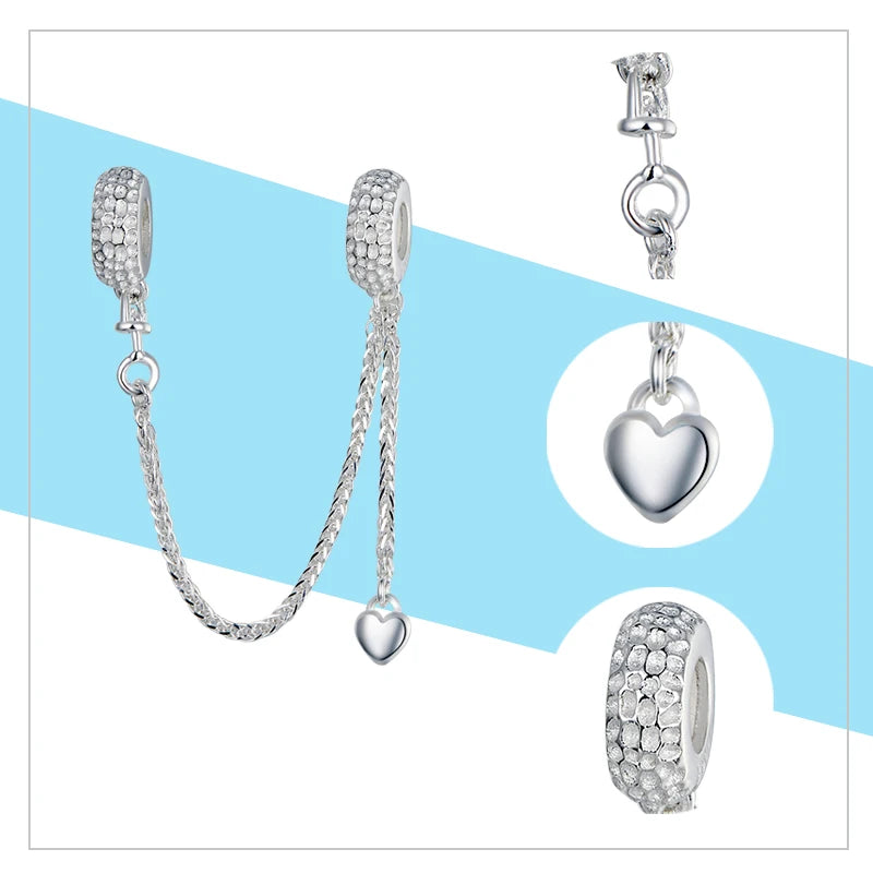 Meilleure vente 100% argent Sterling 925 la clé de coeur silicone sécurité chaîne breloque Wostu Original perles Bracelet bijoux CQC606