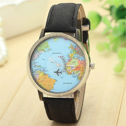 Montre à Quartz de mode  unisexe carte avion voyage autour du monde