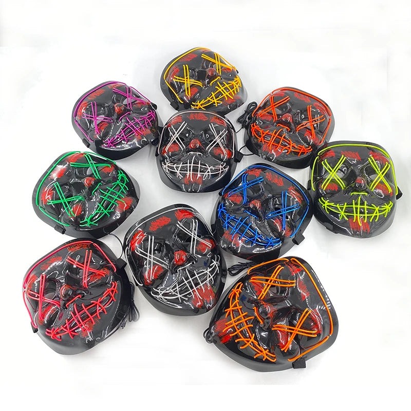 Masque d'horreur lettre V d'halloween et gants colorés, masque lumineux effrayant sans fil pour hommes et femmes, fournitures de costumes de fête de Festival