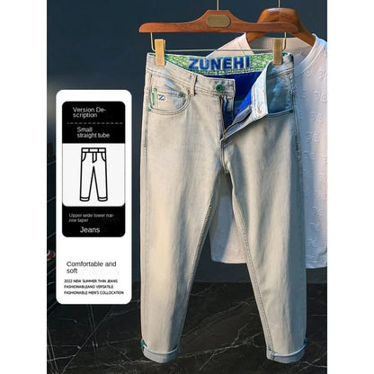 Jean Bleu Clair Délavé pour Homme, Pantalon en Denim de Coton, observateur et Décontracté, Coupe Droite, Polyvalent, à la Mode, Affaires, Été