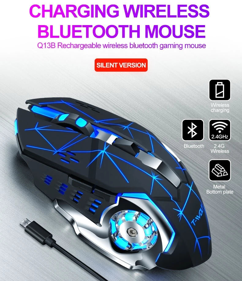 Souris de jeu sans fil 6 touches Rétroéclairage RVB Souris de jeu Bluetooth 2.4G Connexion USB Double mode Batterie rechargeable 3 niveaux DPI T-WOLF Q13 Clic silencieux Conception ergonomique