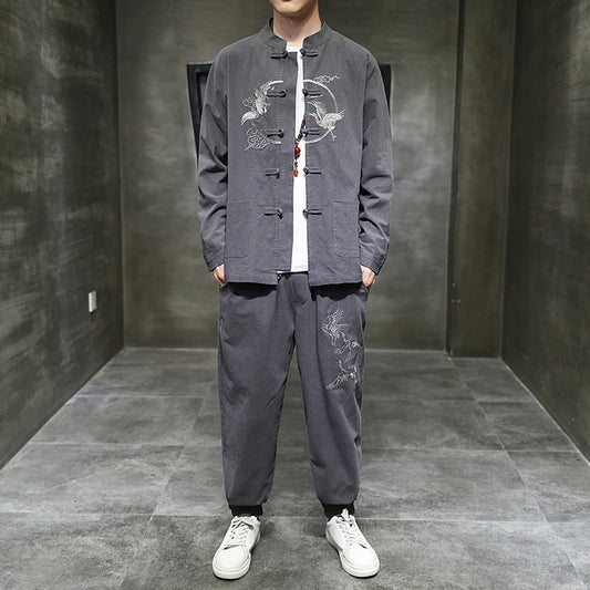 Ensemble deux pièces de style chinois pour hommes, chemise et pantalon, broderie, lin, coton trempé, décontracté, rétro, Kungfu, fjfu