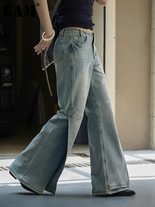 [EAM] taille haute bleu Denim fente irrégulière Vintage Long Flare jean nouvelles femmes pantalons mode marée printemps automne 2025 1DJ2961