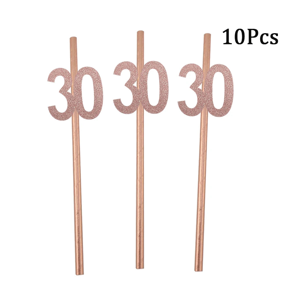 Pailles en papier à rayures dorées, 1 sac, numéro 30e 40e 50e 60e, lunettes à ceinture, pailles à boissons joyeux anniversaire pour adultes, décoration de fête en ballon