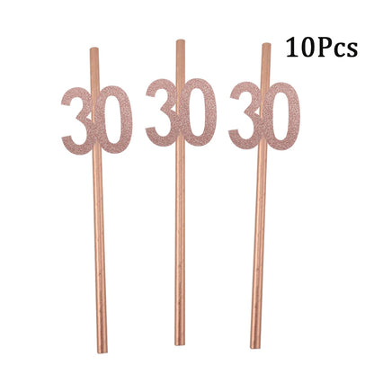 Pailles en papier à rayures dorées, 1 sac, numéro 30e 40e 50e 60e, lunettes à ceinture, pailles à boissons joyeux anniversaire pour adultes, décoration de fête en ballon