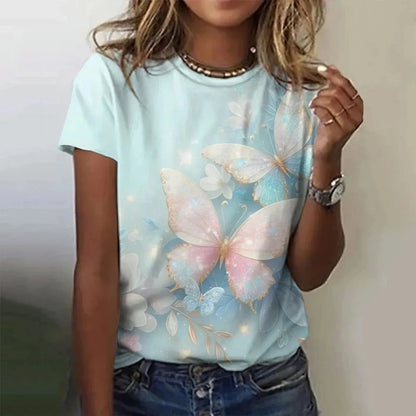 T-shirt manches courtes col rond femme, estival et surdimensionné, avec motif Floral et fleur papillon imprimé en 3D, Y2k, Harajuku, vêtements féminins, nouvelle collection