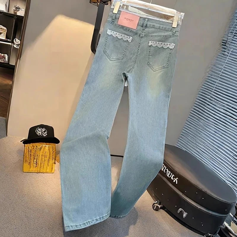 Jean Patchwork en dentelle pour femmes, coupe cintrée, taille haute, Micro pantalon évasé, Style coréen, décontracté, fermeture éclair, Denim, été