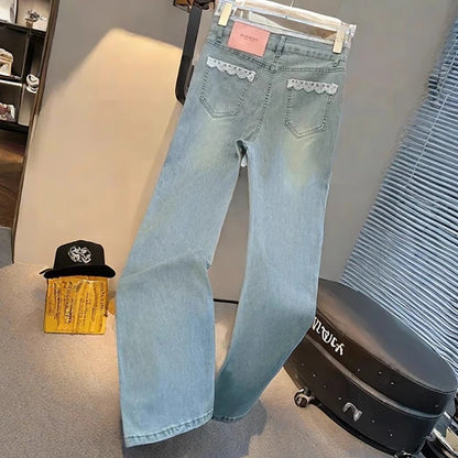 Jean Patchwork en dentelle pour femmes, coupe cintrée, taille haute, Micro pantalon évasé, Style coréen, décontracté, fermeture éclair, Denim, été