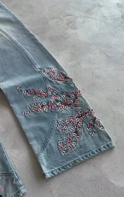 Hommes femmes cerisier fleur chevalier tout broderie Denim pantalon Y2k Vintage Baggy rue jean droit taille haute lavé bleu Jean