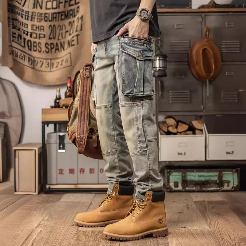 Jeans cargo stretch rétro pour hommes, pantalons décontractés, cône droit, mince, américain, lourd, marque de mode, printemps et automne
