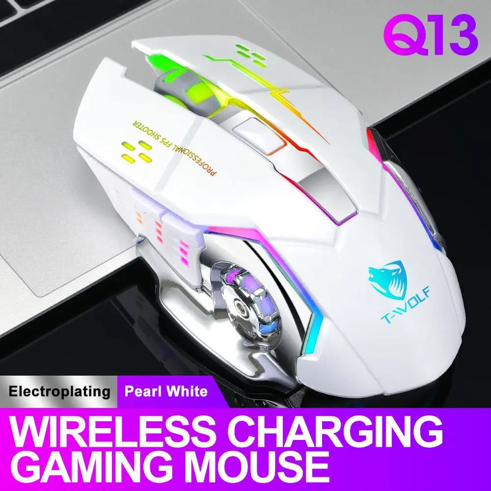 Souris de jeu sans fil 6 touches Rétroéclairage RVB Souris de jeu Bluetooth 2.4G Connexion USB Double mode Batterie rechargeable 3 niveaux DPI T-WOLF Q13 Clic silencieux Conception ergonomique