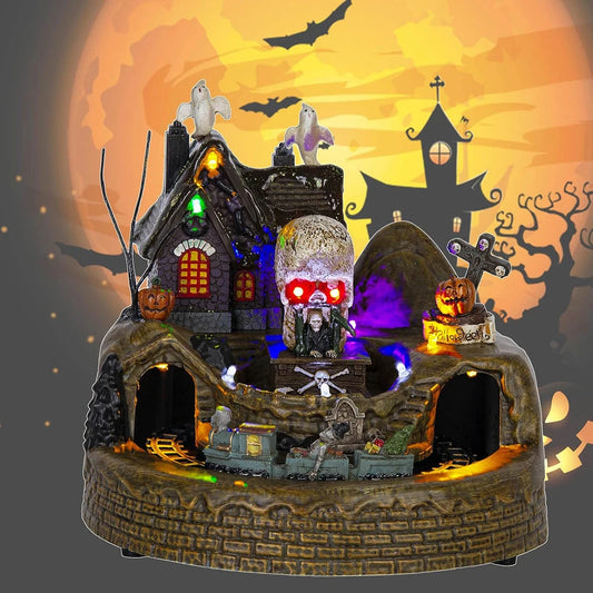 Décor de train de village de vacances d'Halloween avec lumières LED, figurines de fantômes et de squelette effrayants, décoration festive de maison hantée
