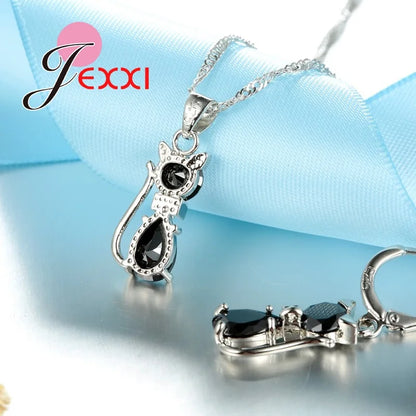 Ensembles de bijoux en argent pour femmes, livraison rapide, fiançailles romantiques, chat mignon, collier, boucles d'oreilles avec cristal autrichien