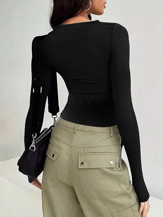 T-shirt à Manches sulfpour Femme, Vêtement Décontracté, Couleur Unie, Coupe Slim, Collection Automne