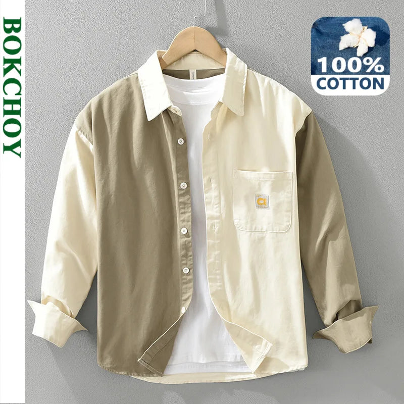 Chemises patchwork vintage pour hommes, vêtements décontractés, chemises minces à manches longues, 100% coton, CM7291