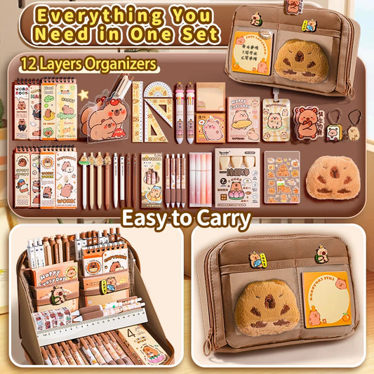 Ensemble de trousse à crayons Capybara avec fournitures, Kit de papeterie 6/9/14/16 pièces, comprend un support, une stylo, un porte-clés, des autocollants, une broche, des Clips pour Hobbis