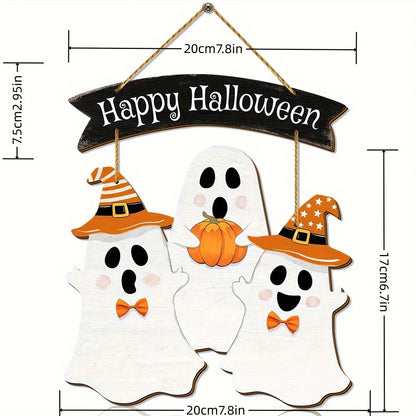 Panneau suspendu en bois pour Halloween |   Décor festif multicolore avec fantômes en costumes et motif citrouille |   Art mural de style bohème