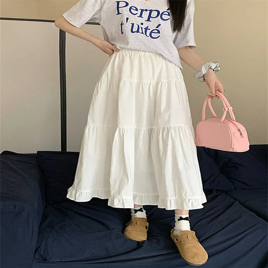 Jupe longue blanche en coton taille haute pour femmes, jupes de gâteau, mode coréenne, doux, simple, adt, ligne A, nouveau, été, 2024