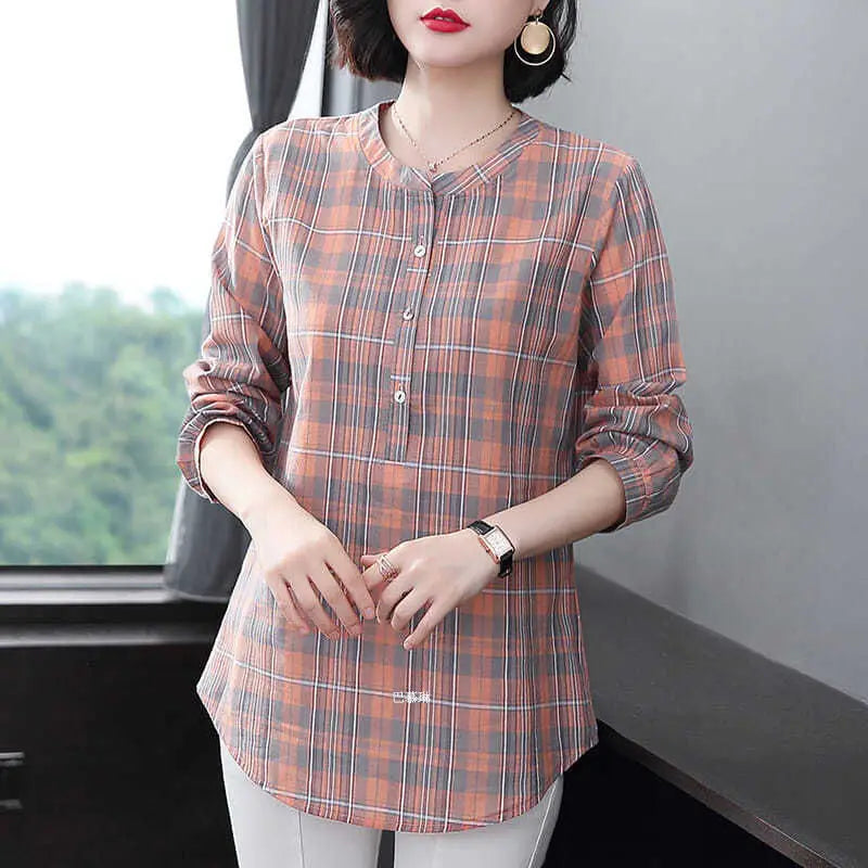 Chemise à carreaux à col rond pour femmes, vêtements d'été, Vintage, décontracté, manches 3/4, boutons épissés, pulls, chemisiers