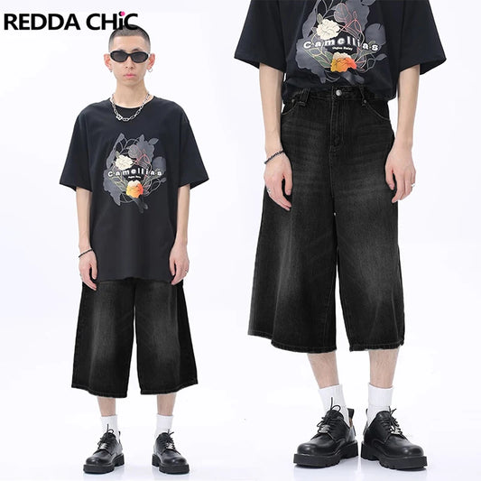 ReddaChic-Short en Denim pour Homme, Baggy Brossé, Vintage, Noir, Bord Brut, Décontracté, Y2k, Hip Hop, Jambes Larges