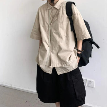 Ensemble coréen pour hommes, chemise à manches courtes + plusieurs poches, Short d'outillage, couleur unie, rétro, tendance d'été, ensemble deux pièces
