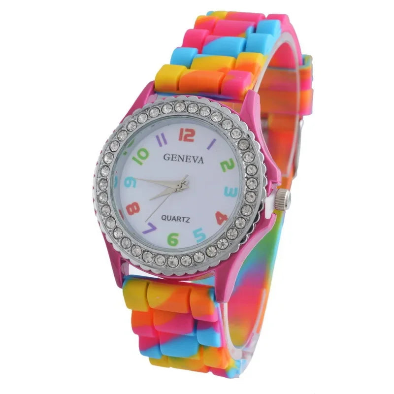 Montres de luxe pour femmes, arc-en-ciel, diamant, quartz, silicone, étanche,