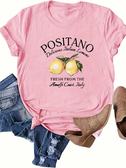 POSITANO lettre citron imprimé graphique femmes t-shirt à manches courtes col rond été décontracté hauts pour femmes vêtements