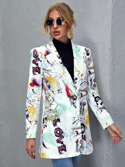 Blazer Vintage Imprimé Graffiti pour Femme, Veste Élégante, Manteau Américain, Grande Taille, Mode High Street, Nouvelle Collection Printemps 2021