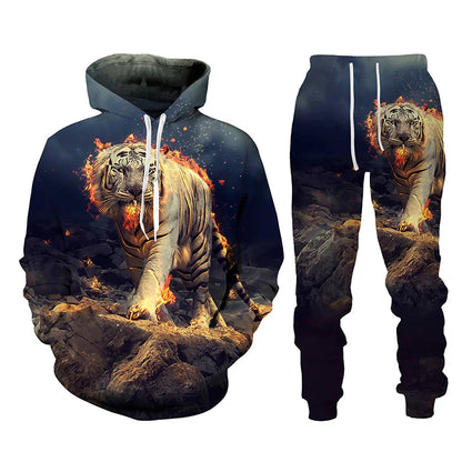 Ensemble de survêtement imprimé tigre animal 3D pour hommes, sweat à capuche et pantalon décontractés, streetwear à la mode, vêtements trempés, automne, hiver, 2 pièces
