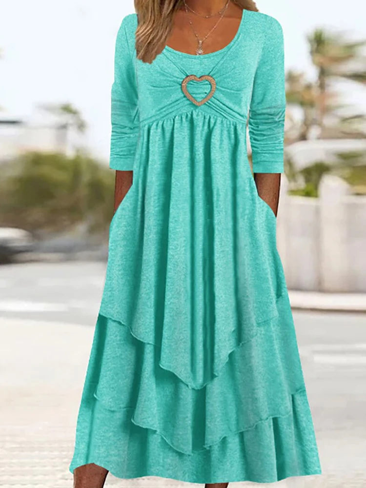 Robe mi-longue élégante pour femmes, poches Patchwork, col rond, basique, couleur unie, manches longues, décontractée, été, volants, robe de Club