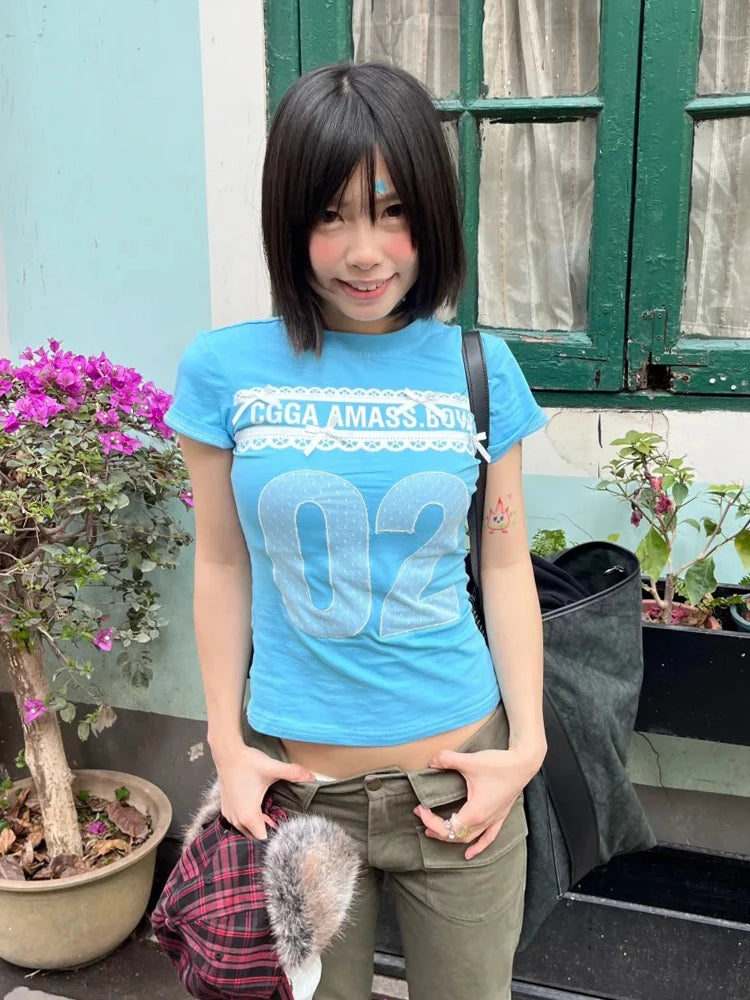 Tonngirls Y2k japonais imprimé t-shirt femmes mince bleu à manches courtes t-shirt Streetwear Vintage Grunge hauts été graphique culture hauts