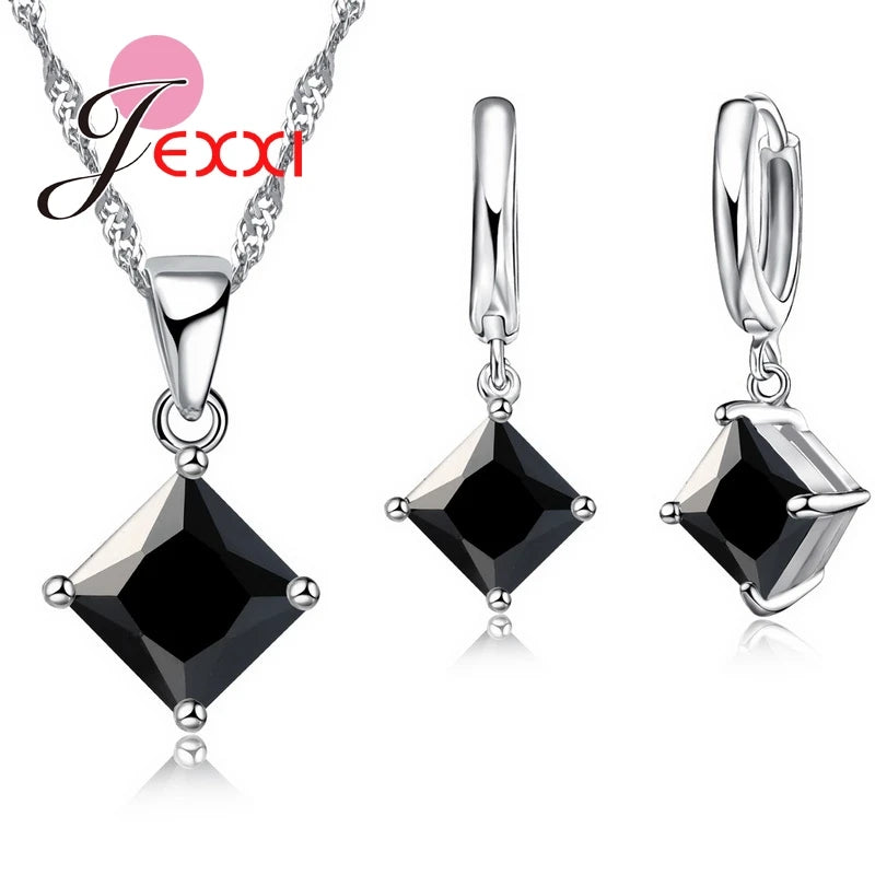 Ensemble de bijoux de mariage en argent regardé 925 pour femme, beaux pendentifs, colliers et boucles d'oreilles, ensembles de bijoux en cristal clairs et carrés, 8 couleurs