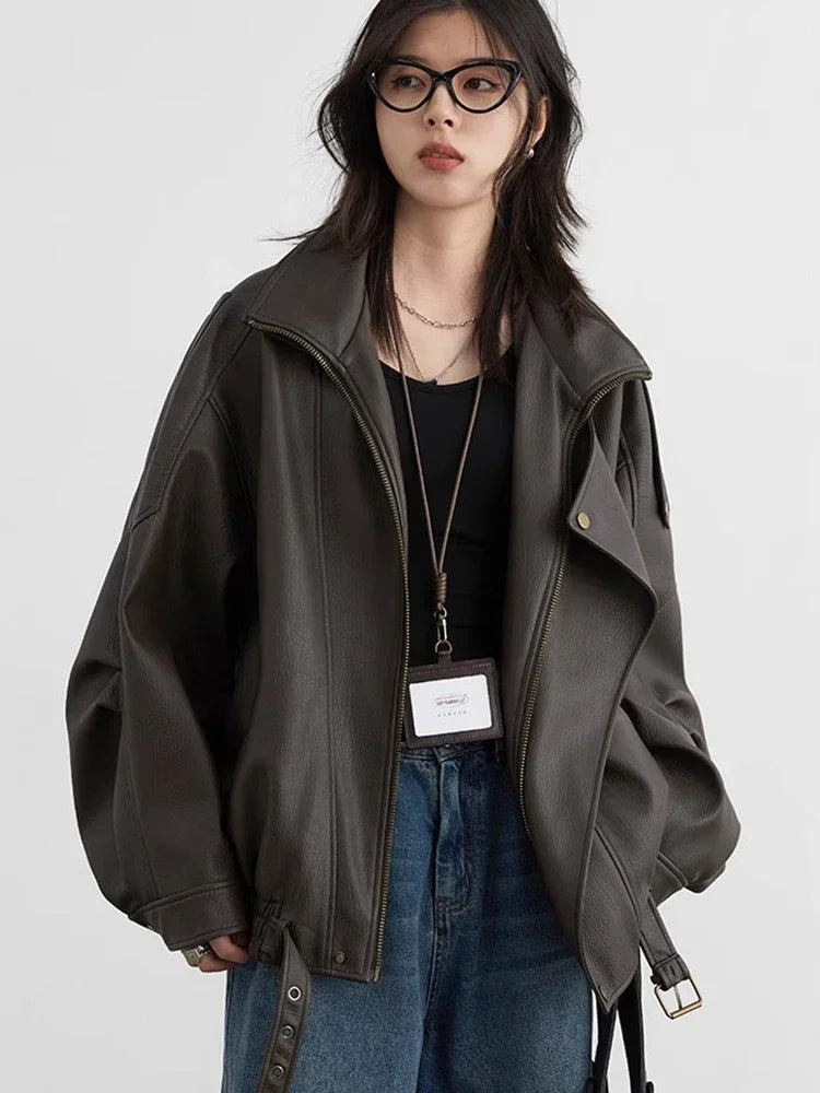 CHIC VEN-Veste en similicuir PU pour femme, col montant rétro, manteau de moto, haut femme, solide, adt, nouveau, printemps, automne, 2024