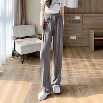 Pantalon droit en soie glacée pour femme, mode, taille haute, jambes larges, couleur unie, sensation d'affaissement, Baggy, décontracté, été