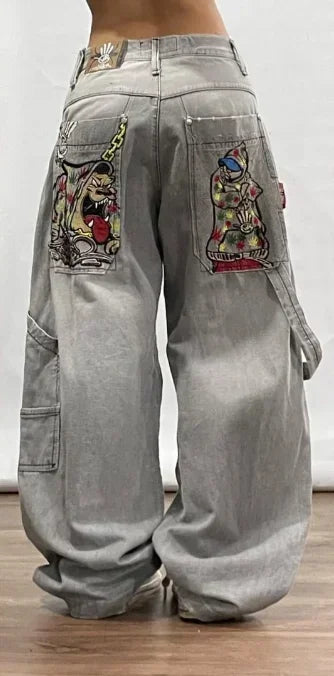 Pantalon Patch populaire avec motif d'épine imprimé, jean déchiré gothique Harajuku pour hommes et femmes, pantalon de rue taille haute Y2k à jambes larges