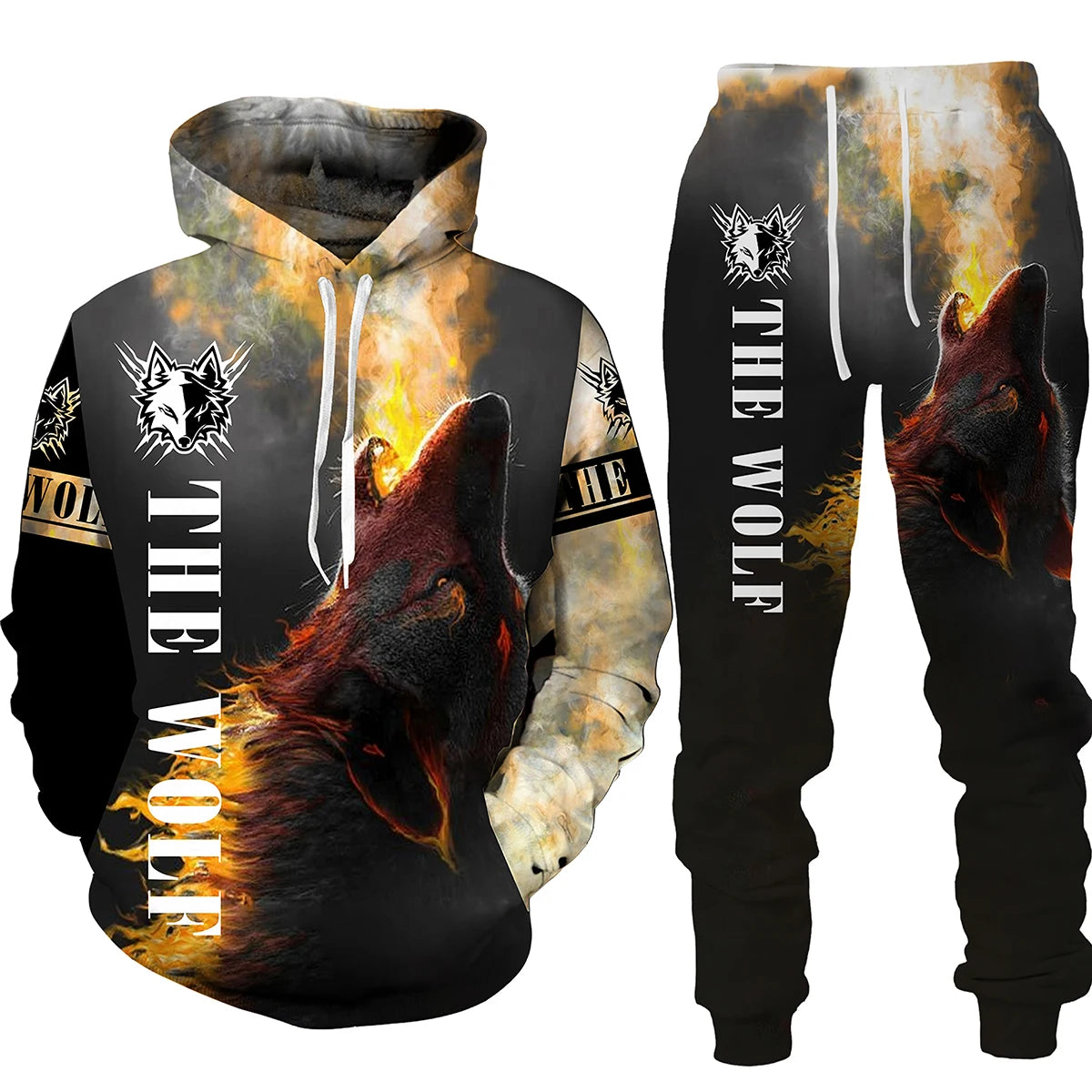 Ensemble de pantalons de survêtement et sweat à capuche College en 3D pour hommes, survêtement surdimensionné, streetwear imbibé, vêtements de sport, motif animal loup, hiver, automne