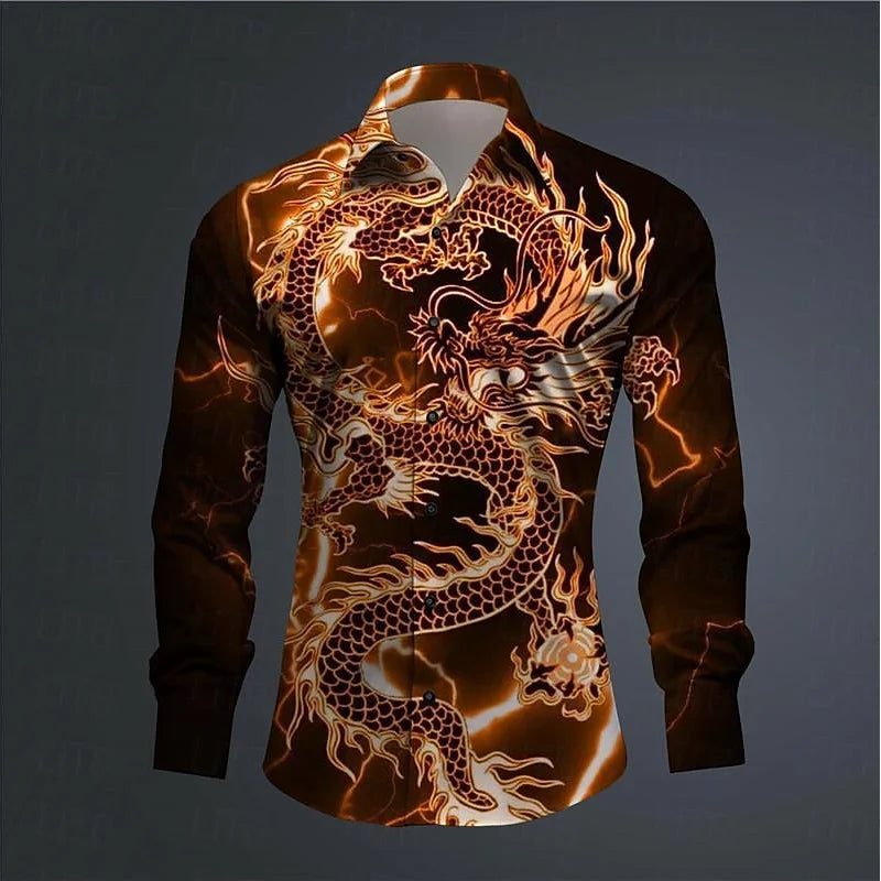 Chemise à manches longues imprimée en 3D abstraite pour hommes, haut à revers confortable, culture du dragon, tendance de la mode, tenue quotidienne