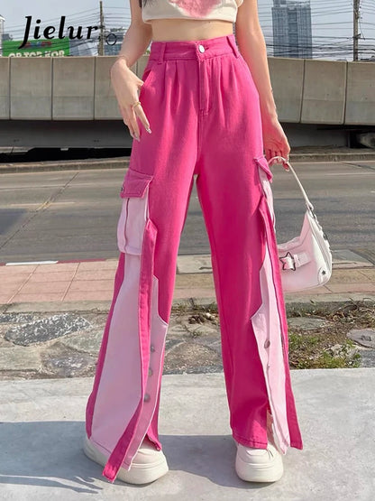 Jielur-Jean Droit Taille Haute pour Femme, Pantalon Cargo Sexy, Mode Décontractée, Streetwear Chic, Disponible en Rose, Collection Automne, Y2k