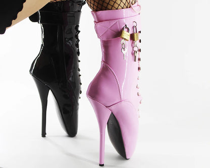 Wonderheel en vente bottines de ballet 7 "point talon haut noir brillant chaussures de ballet cadenas verrouillés sexy fétiche laçage bottes de mollet