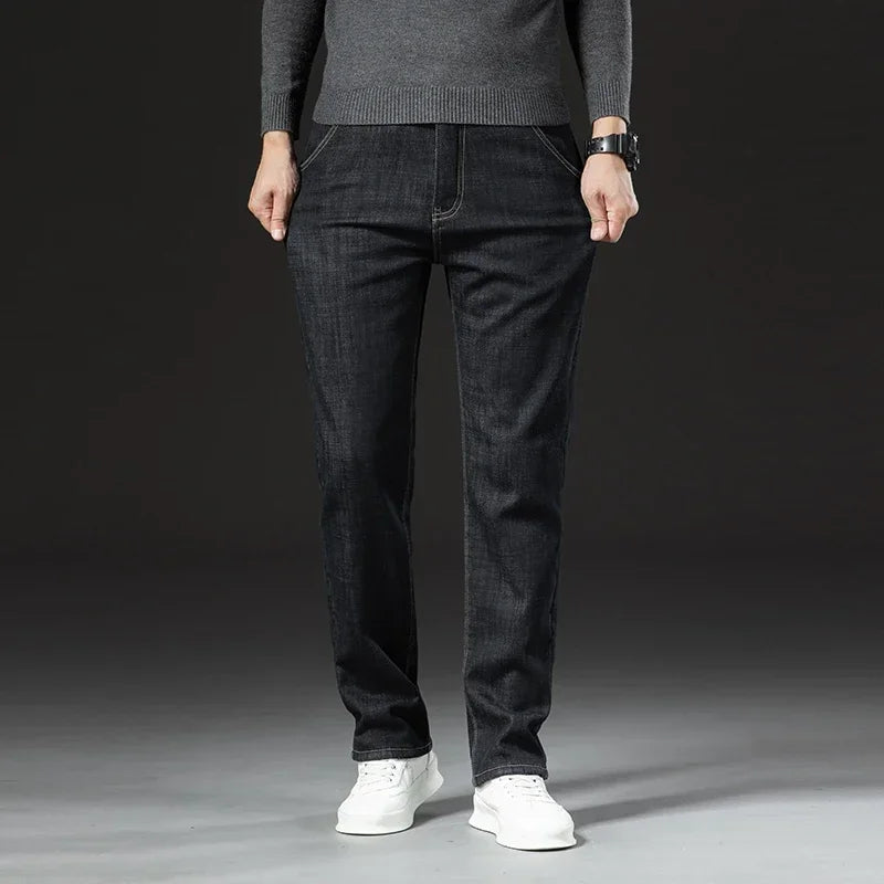 Hiver agneau peluches Denim pantalon droit hommes épaissir grande taille 40 jean taille haute Stretch jean doublé polaire chaud mince Vaqueros